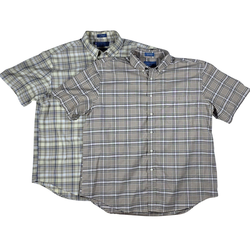 Towncraft Men's XL Short Sleeve Button Down Shirt Lot 2 Plaid Wrinkle Free Tan